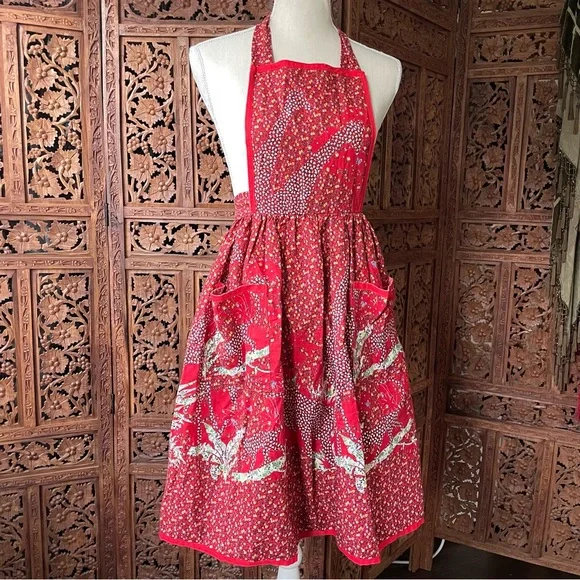 Vintage Handmade Unbranded Red Floral Halter Tie Apron Dress - Picture 6 of 8
